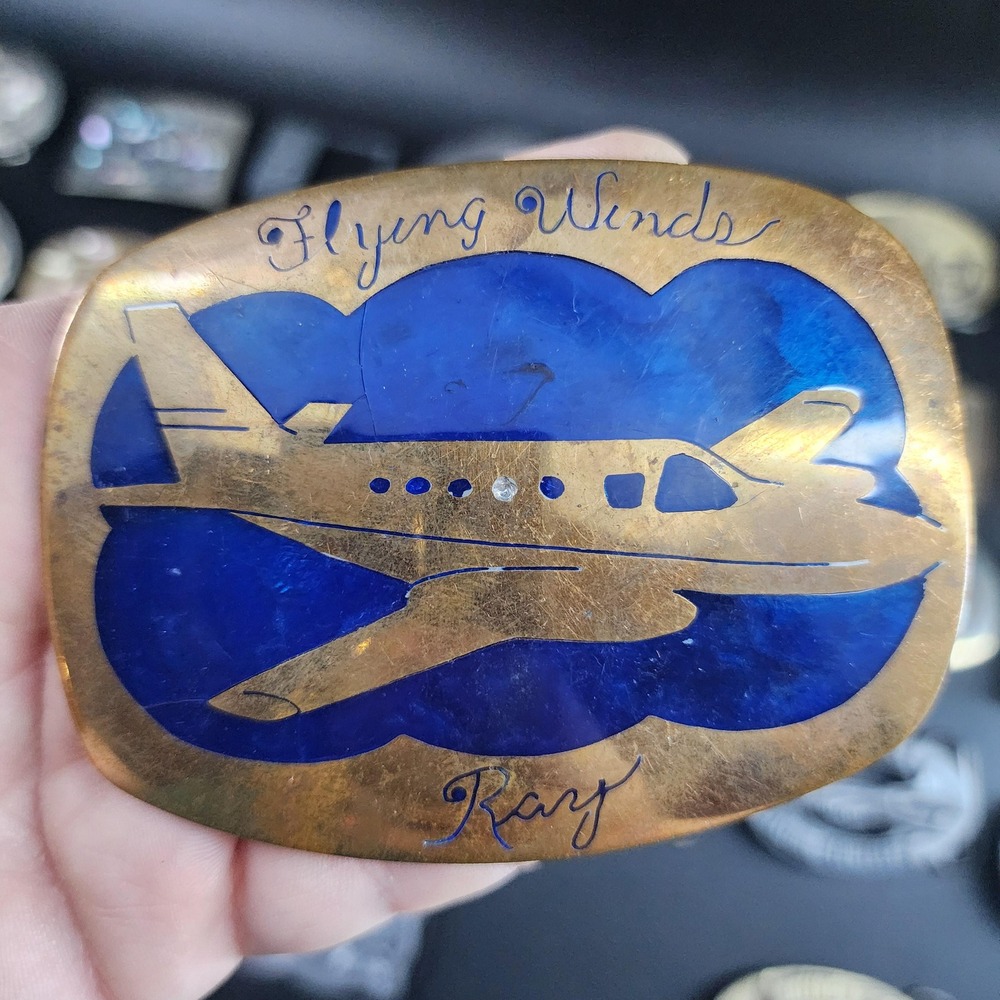 Vintage Aviation Belt Buckle Blue and Brass Flying Winds Ray
